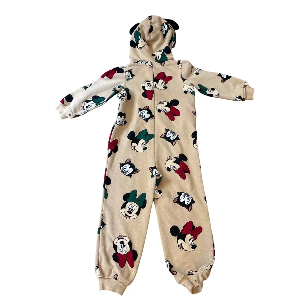 H&M Disney Minnie Mouse Figaro Hooded Jumpsuit Tan Character Print SIZE 3/4T